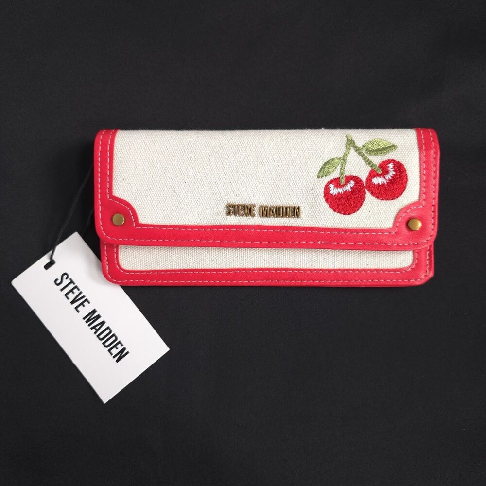STEVE MADDEN New Cream Canvas 100% Cotton Natural Red Cherry Wallet Red Trim